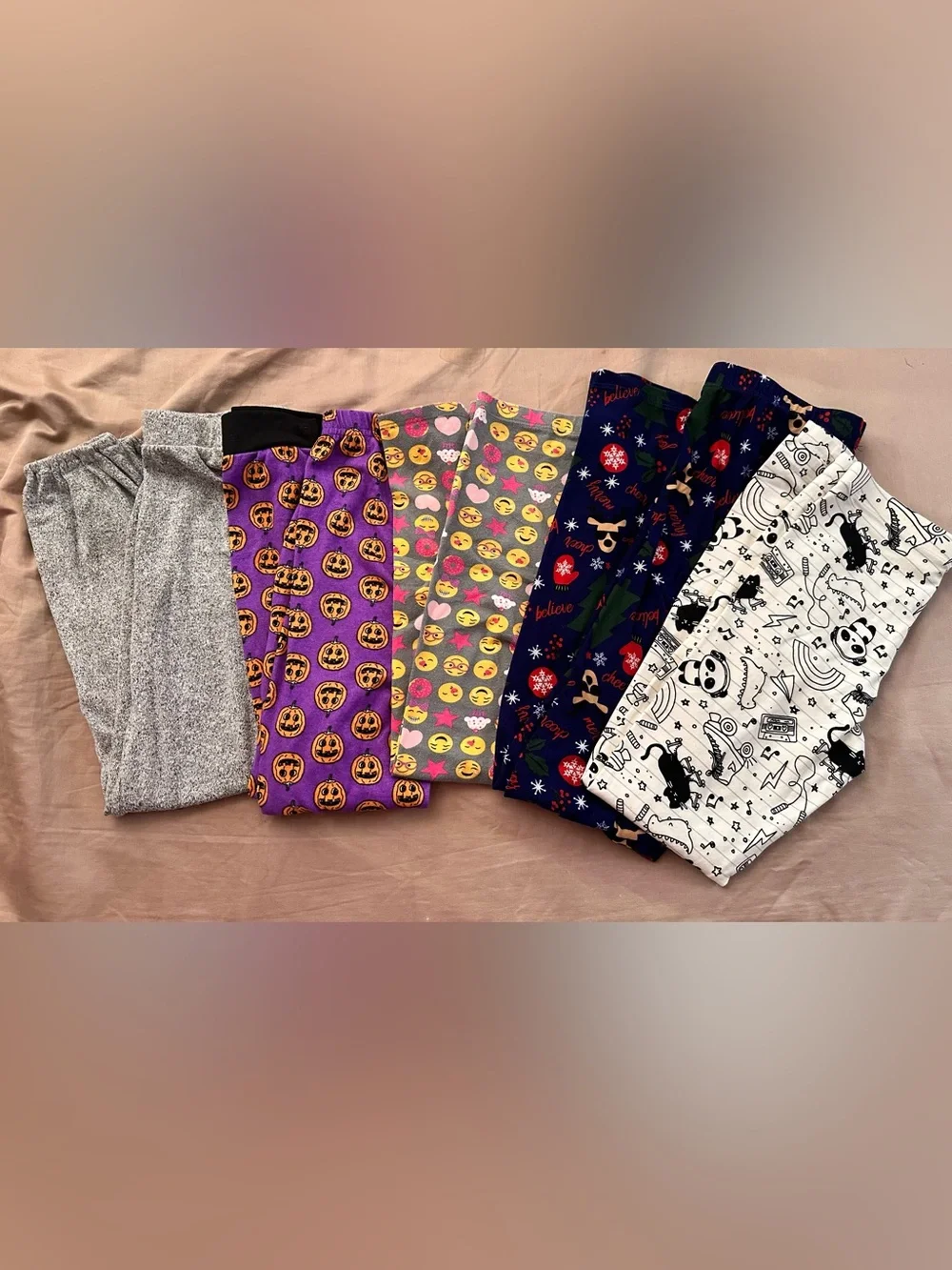 Pack of 5 Kids Fun Emoji, Reindeer, Pumpkin, & Cartoon Leggings / Pajama Pants